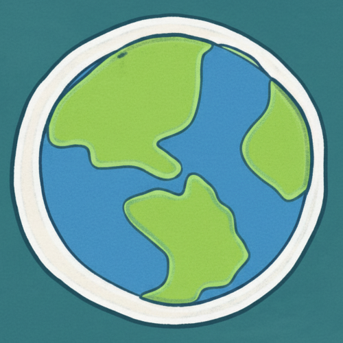 Illustration of a green and blue planet on a teal background